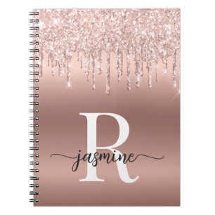 Caderno Espiral Monograma Script Dourado Rosa Brilho de Metal Gote
