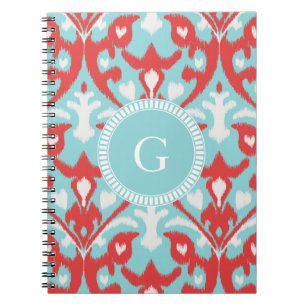 Caderno Espiral Monograma tribal do padrão vermelho-turquesa moder