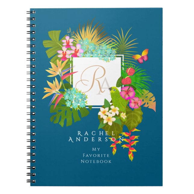 Caderno Espiral Monograma Tropical de Jardim Monograma Azul (Frente)