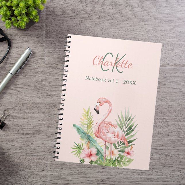 Caderno Espiral Monograma tropical flamingo rosa (Criador carregado)