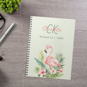 Caderno Espiral Monograma tropical rosado flamingo verde