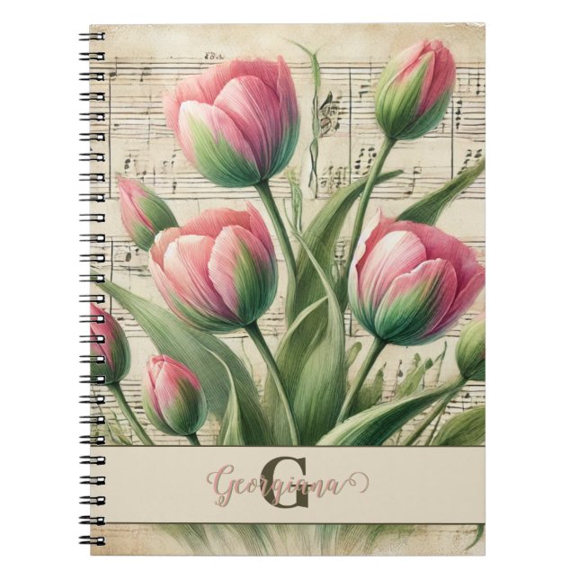 Caderno Espiral Monograma - Tuliphas Rosa e Verde (Frente)