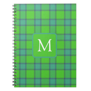 Caderno Espiral Monograma xadrez escocês verde e azul moderno e el