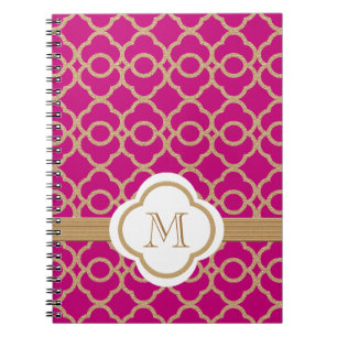 Caderno Espiral Monogramas Fuchsia e Dourado marroquino