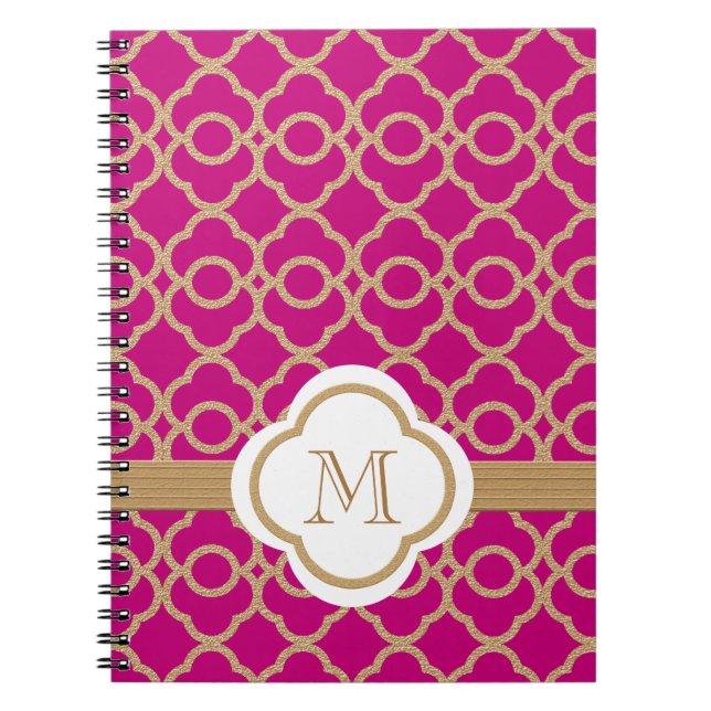 Caderno Espiral Monogramas Fuchsia e Dourado marroquino (Frente)