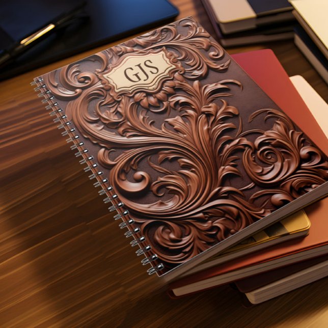 Caderno Espiral Monogramme Faux Leather Personalizado (Faux brown leather notebook with monogramme lies on a desk with other books)
