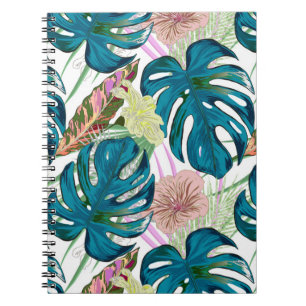 Caderno Espiral Monstera de turquesa escura, pêssego delicado e am