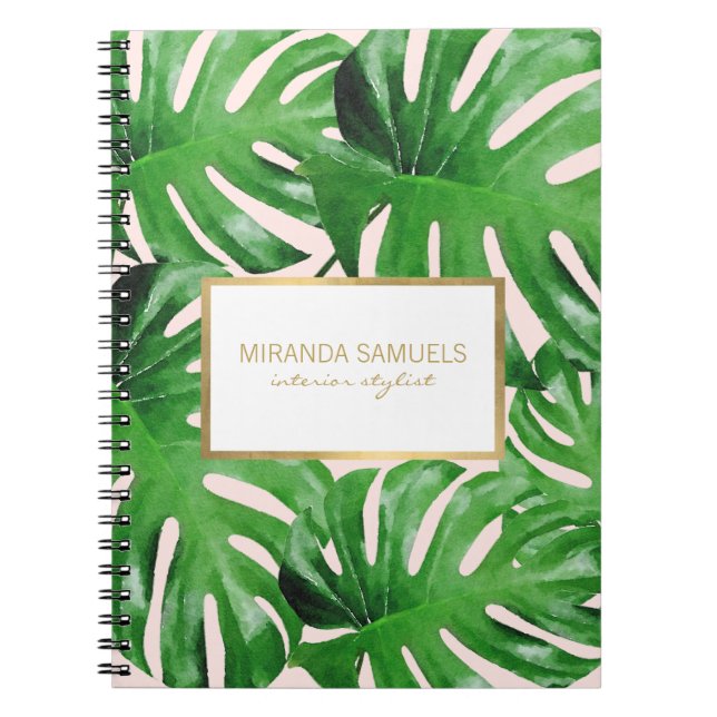 Caderno Espiral Monstera Tropical de Aquarela Deixa Padrão Rosa (Frente)