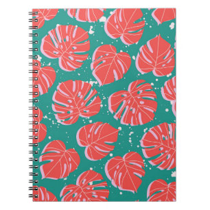 Caderno Espiral Monstera vermelha: padrão tropical verde
