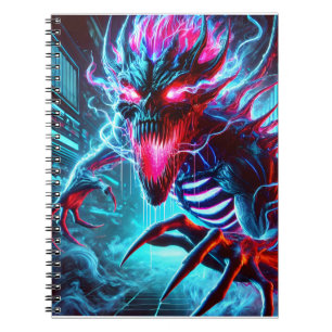 Caderno Espiral Monstro de Horror Neon Olhos Brilhantes Ciberpunk 