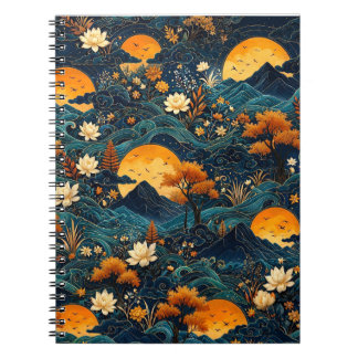 Caderno Espiral Montanha da Lua Dourada Flor de Lótus do Céu Notur