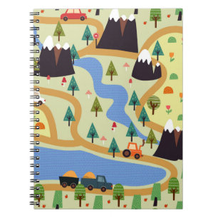 Caderno Espiral Montanhas, rios, floresta, padrão de carro.