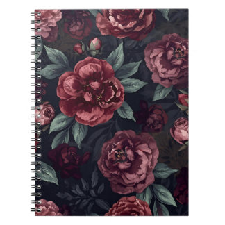 Caderno Espiral Moody Florals Watercolor Dark Red Pattern