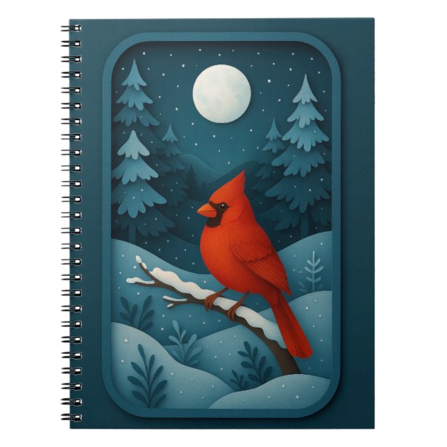Caderno Espiral Moonlit Cardinal in Winter Forest (Frente)