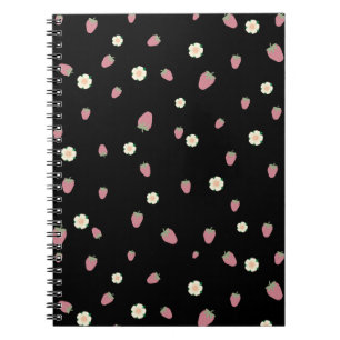 Caderno Espiral Morangos e Flores Padrão Preto