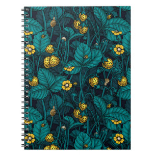 Caderno Espiral Morangos silvestres, bloco notebook amarelo e azul
