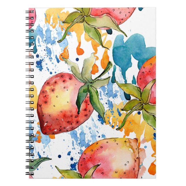 Caderno Espiral Morangue comida saudável. Fundo ill aquarela (Frente)