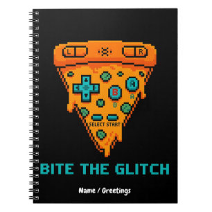 Caderno Espiral Morde a Falha Retro 8-Bit Pixel Pizza Gamer
