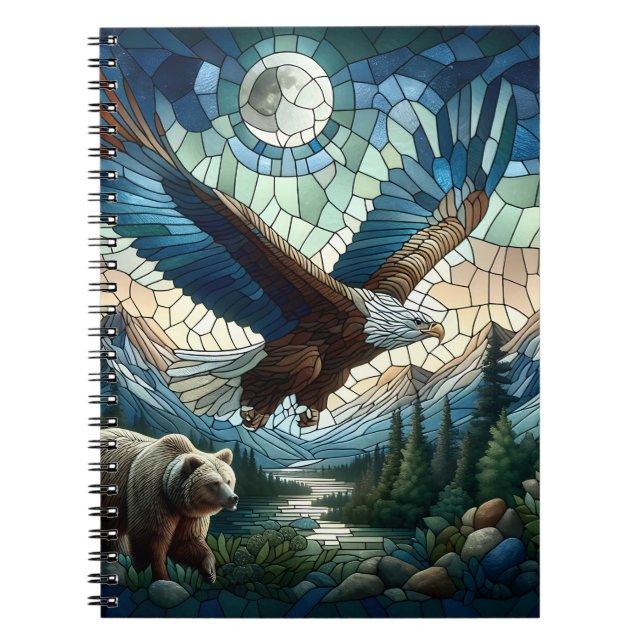Caderno Espiral Mosaic Bear and Eagle in the Mountains Ai Art (Frente)