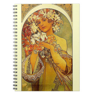 Caderno Espiral Mucha Art Nouveau mulher com lírios