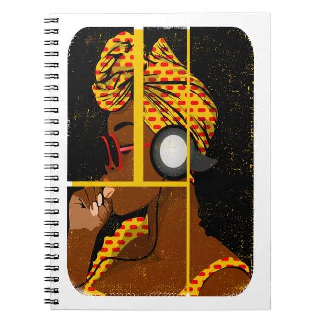 Caderno Espiral mulher áfrica ouve música (Frente)