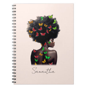 Caderno Espiral Mulher Afro-Americana com borboleta Preenchida Afr