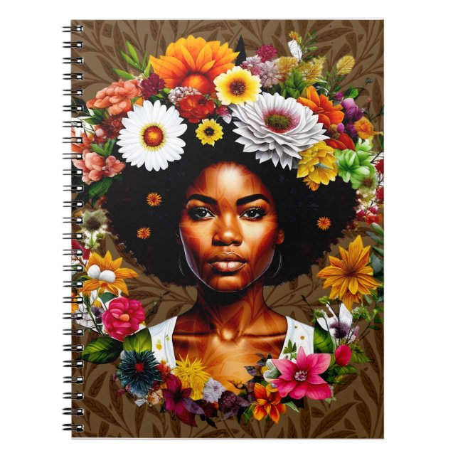 Caderno Espiral Mulher afro-americana com coroa floral (Frente)