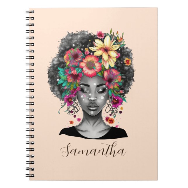 Caderno Espiral Mulher Afro Elegante Floral (Frente)