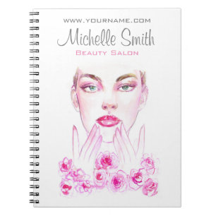 Caderno Espiral Mulher aquarela e rosa de beleza salon marca