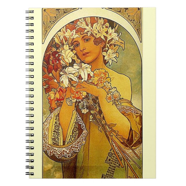 Caderno Espiral Mulher Art Nouveau de Mucha com lírios (Frente)