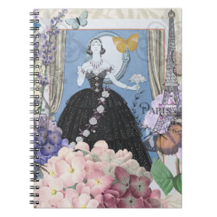 Caderno Espiral Mulher Azul Elegante Vestido Floral Chique