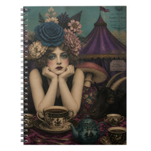 Caderno Espiral Mulher Bebe Chá no Circo Com Bode Preto