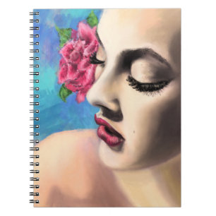Caderno Espiral Mulher Bela com Rosa vermelha - Pintura Original