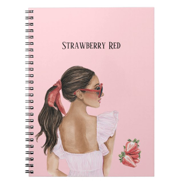 Caderno Espiral Mulher de Cabelo Castanho Morango Vermelho (Frente)