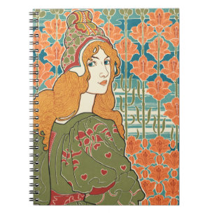 Caderno Espiral Mulher de Cabelo Vermelho Lírios Laranja Impressão
