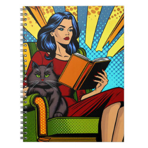 Caderno Espiral Mulher de Pop Art em Quadrinhos Lendo com Gato