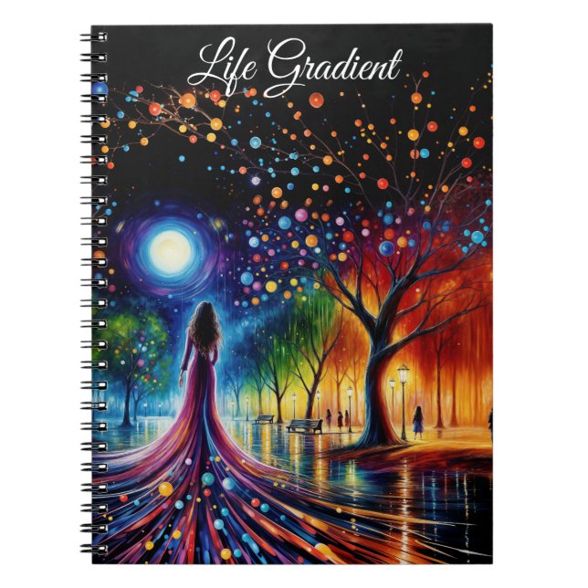 Caderno Espiral Mulher de vestido fluindo caminhando na floresta c (Frente)