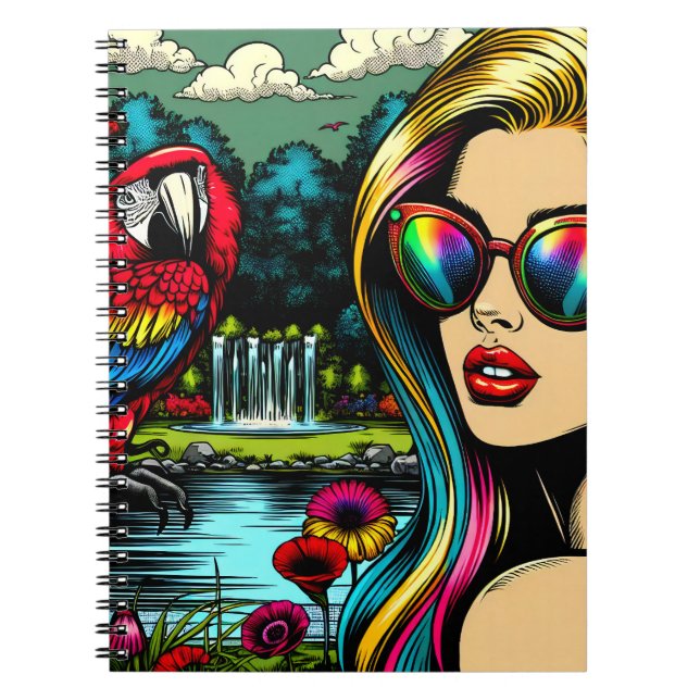 Caderno Espiral Mulher e Papagaio no Parque Pop Art (Frente)