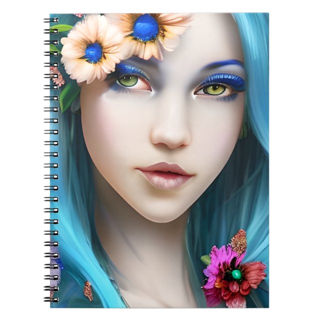 Caderno Espiral Mulher etérea com flores em seu cabelo azul (Frente)
