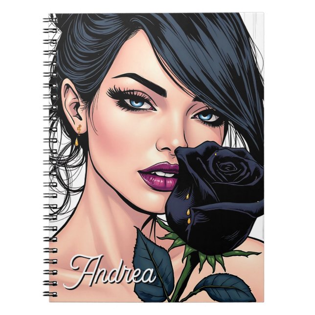 Caderno Espiral Mulher Gótica Temperamental Personalizada com Rosa (Frente)