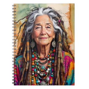 Caderno Espiral Mulher Hippie Legal Idosa com Dread Locks em Branc