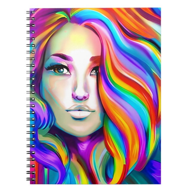 Caderno Espiral Mulher Moderna Retroativa com Cabelo Arco-íris (Frente)