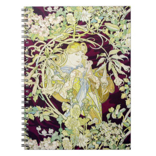 Caderno Espiral Mulher Mucha com Daisy, Vintage Art Nouveau