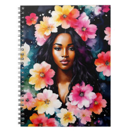 Caderno Espiral Mulher Negra Aquarela Arte Floral