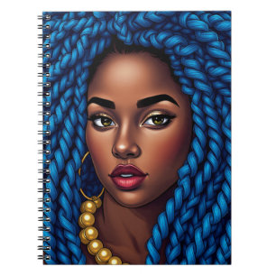 Caderno Espiral Mulher negra tranças naturais azuis dreadlocks irm