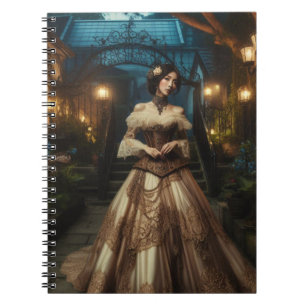 Caderno Espiral Mulher Steampunk em um jardim