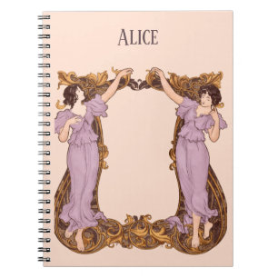 Caderno Espiral Mulheres Art Nouveau Moldura Floral Decorativa Vin