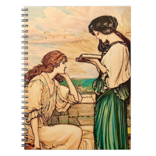 Caderno Espiral Mulheres Art Nouveau Vintage Lendo à Beira-Mar 