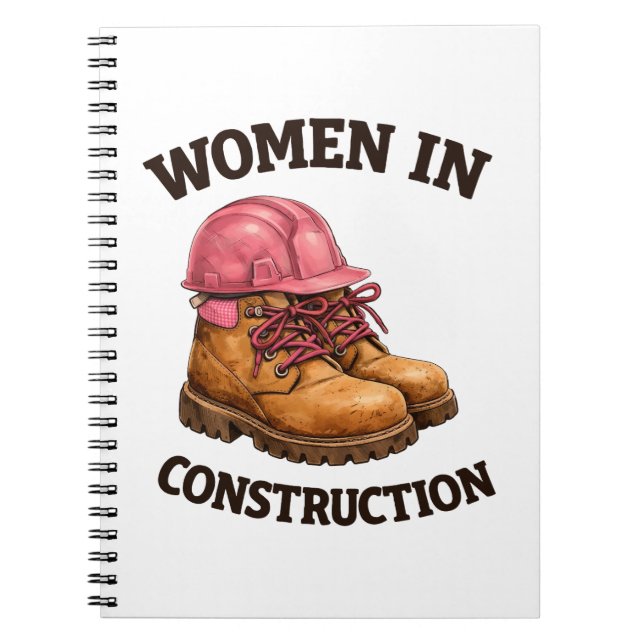 Caderno Espiral Mulheres na Construção com Botas de Trabalho e Cap (Frente)