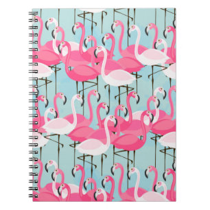 Caderno Espiral Multidão cor-de-rosa e branca de flamingos